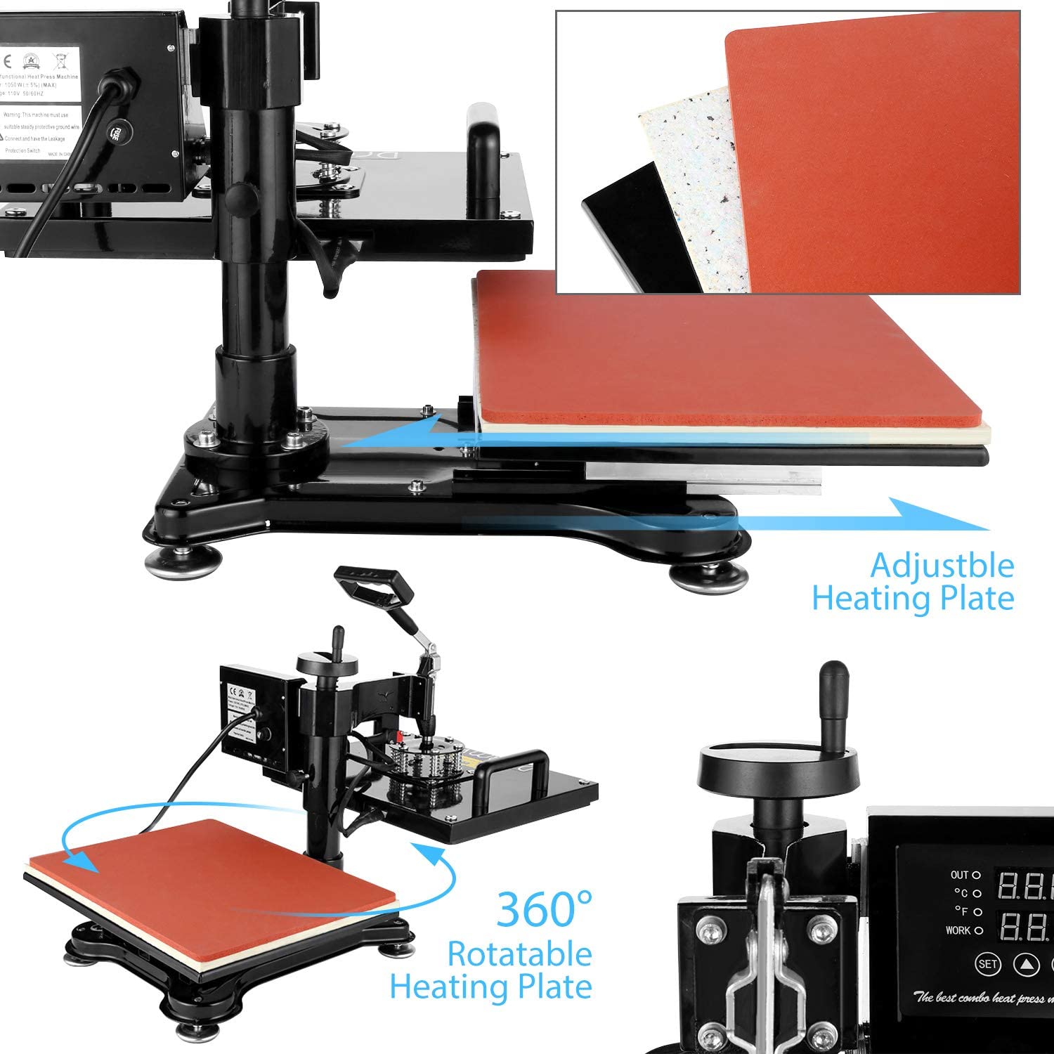 Heat Press 5 in 1, Pro Heat Transfer Machine 38X38cm, Digital LED Timer 360° Tshirt Press Machine Combo, t Shirt Maker Swing Away Heat Press Sublimation Machine for T-Shirts Hat/Cap Mug Plate - Image 5